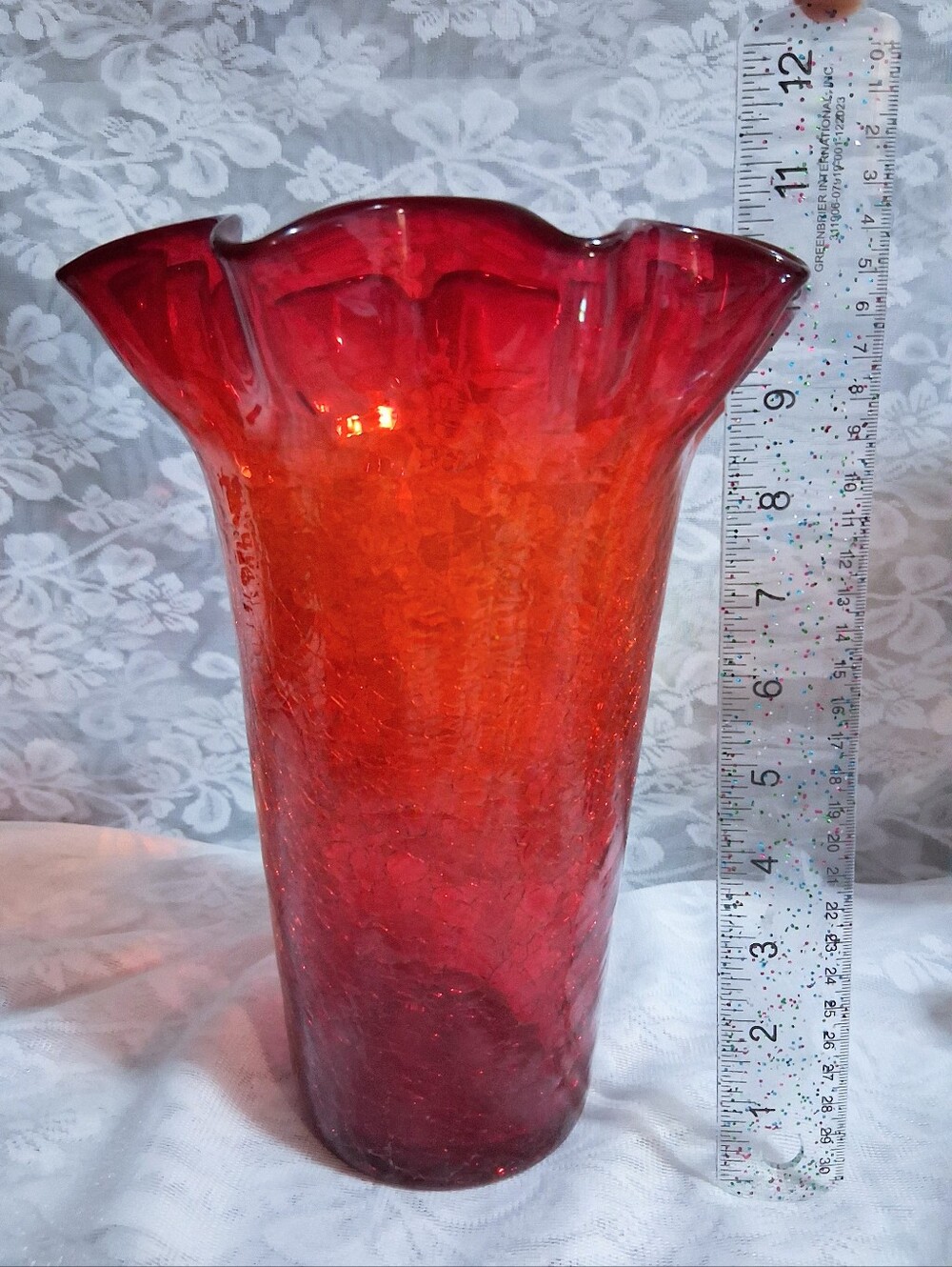 Vintage Blenko 10.5" Vase Red Orange Crackle Glass Fluted Flared Edge UV Rim